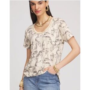 Chicos Panther Cat Print Size Large 100% Linen Short Sleeve Tee Shirt Coastal‎